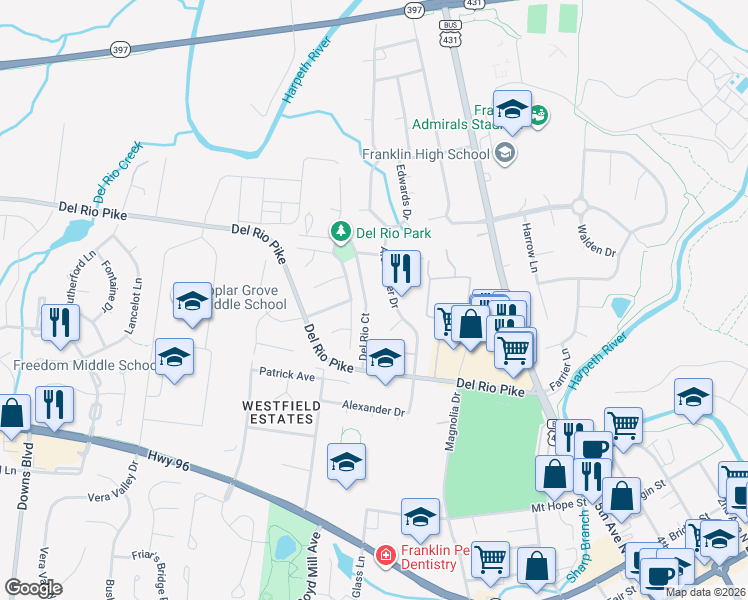 map of restaurants, bars, coffee shops, grocery stores, and more near 318 Astor Way in Franklin