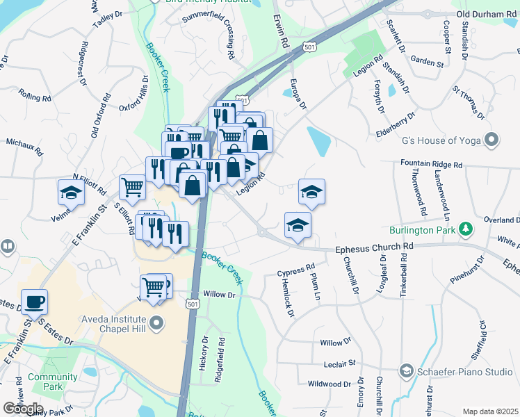 map of restaurants, bars, coffee shops, grocery stores, and more near 108 Ephesus Church Road in Chapel Hill