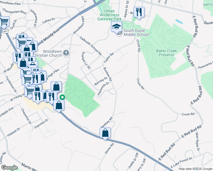 map of restaurants, bars, coffee shops, grocery stores, and more near 501 Moyers Drive in Knoxville