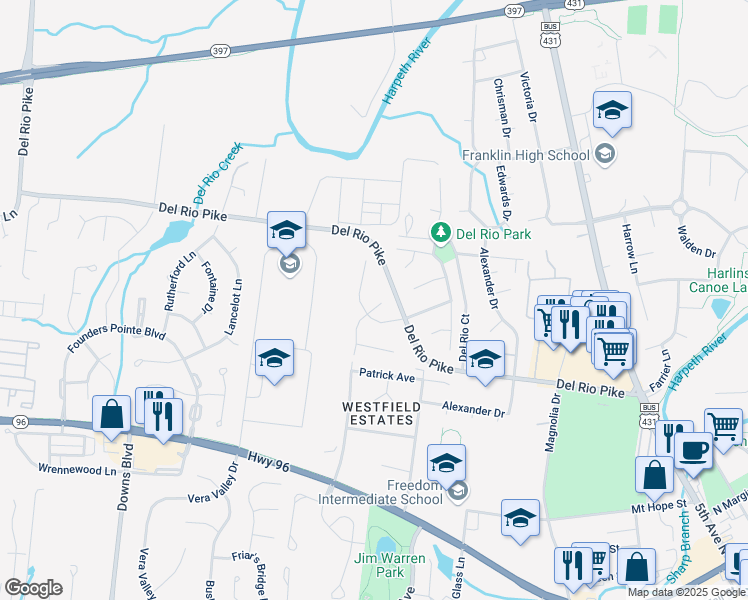 map of restaurants, bars, coffee shops, grocery stores, and more near 235 Bancroft Cove in Franklin