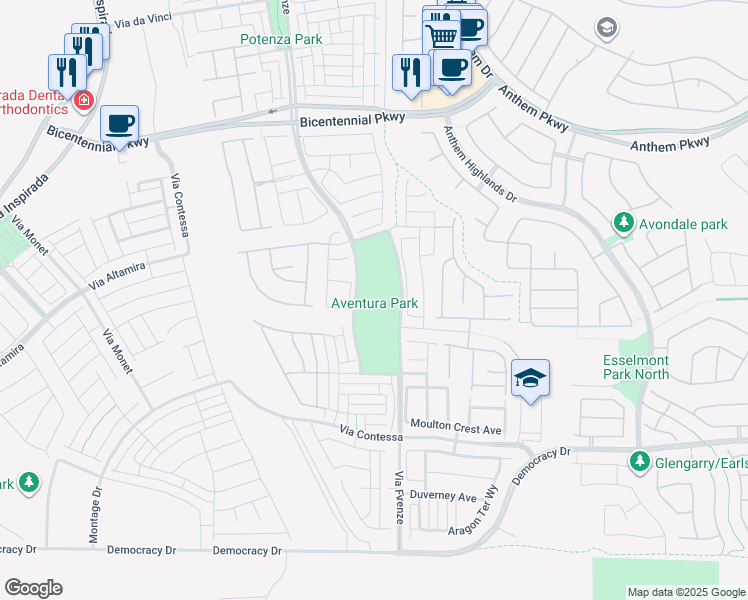 map of restaurants, bars, coffee shops, grocery stores, and more near 2525 Via Firenze in Henderson