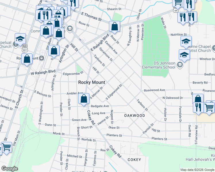 map of restaurants, bars, coffee shops, grocery stores, and more near 804-808 Marigold Street in Rocky Mount