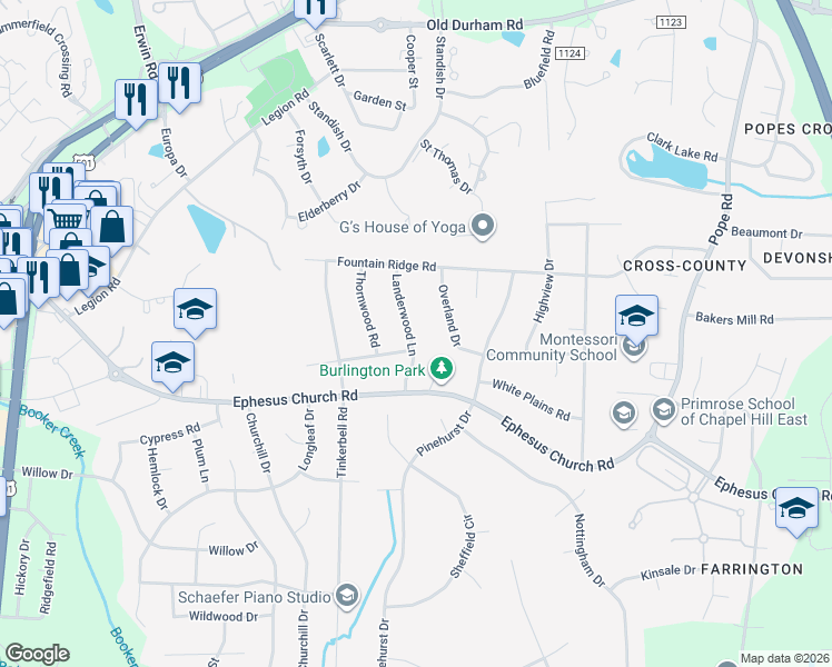 map of restaurants, bars, coffee shops, grocery stores, and more near 501 Landerwood Lane in Chapel Hill