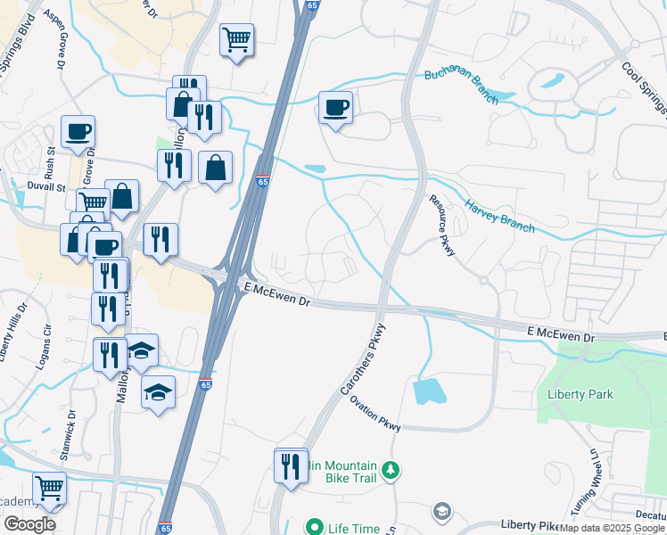 map of restaurants, bars, coffee shops, grocery stores, and more near 6100 Tower Circle in Franklin