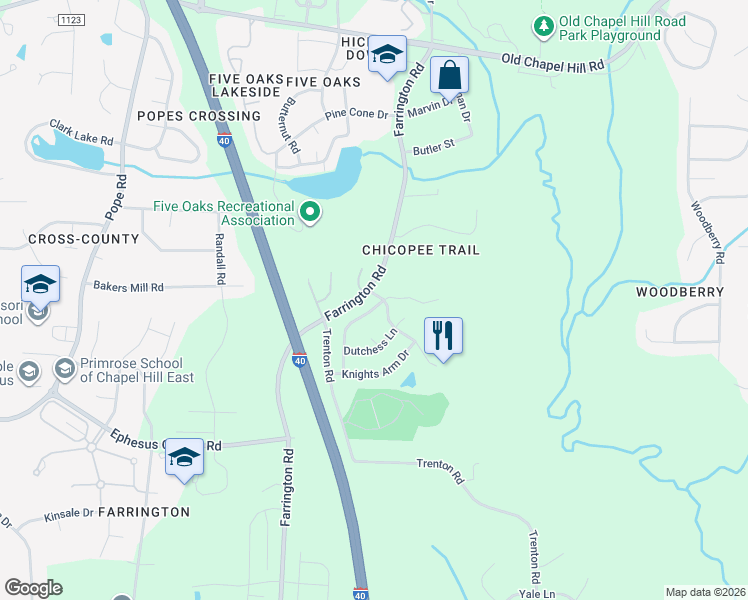 map of restaurants, bars, coffee shops, grocery stores, and more near 4702 Carmen Lane in Durham