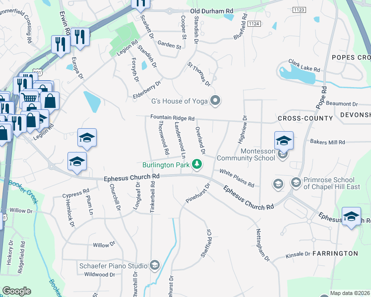 map of restaurants, bars, coffee shops, grocery stores, and more near 501 Landerwood Lane in Chapel Hill