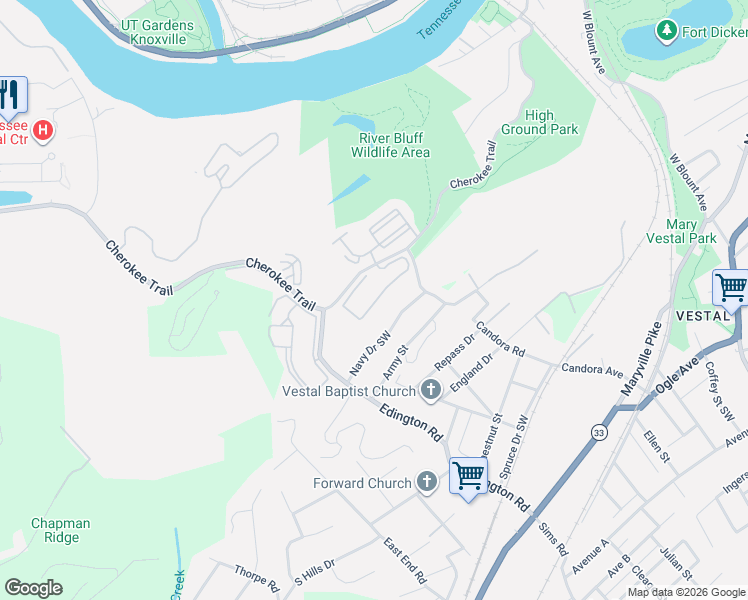 map of restaurants, bars, coffee shops, grocery stores, and more near 3921 Cherokee Woods Way in Knoxville