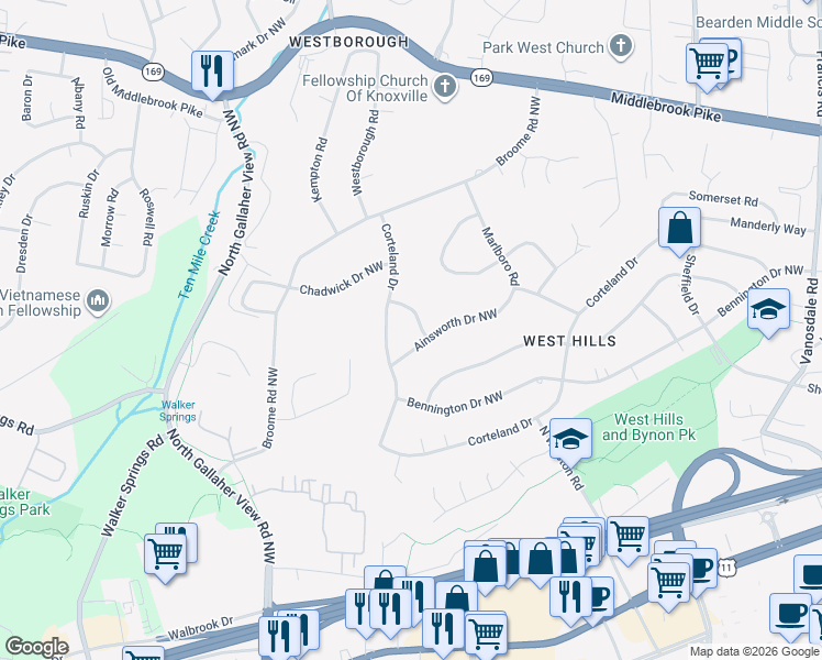map of restaurants, bars, coffee shops, grocery stores, and more near 8401 Corteland Drive in Knoxville