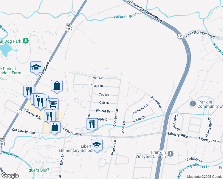 map of restaurants, bars, coffee shops, grocery stores, and more near 210 Cedar Drive in Franklin