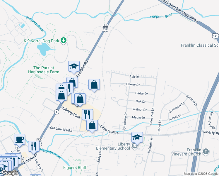 map of restaurants, bars, coffee shops, grocery stores, and more near 417 Knob Court in Franklin