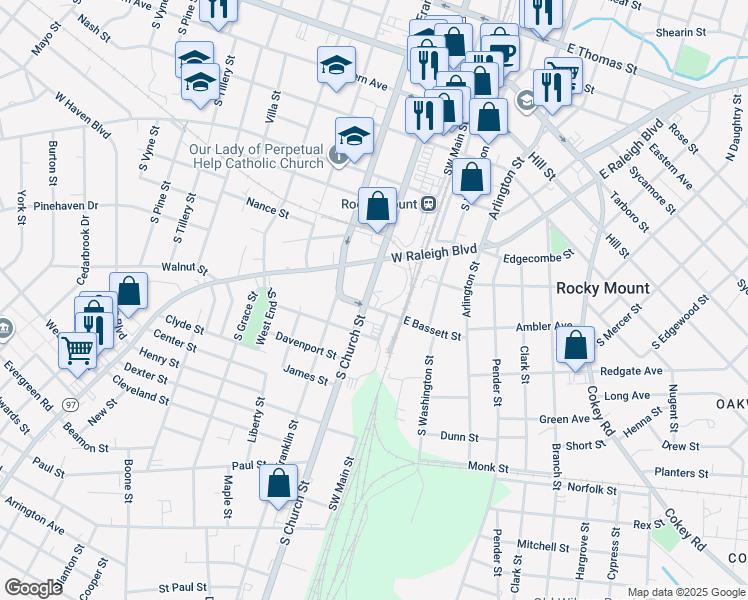 map of restaurants, bars, coffee shops, grocery stores, and more near South Church Street in Rocky Mount
