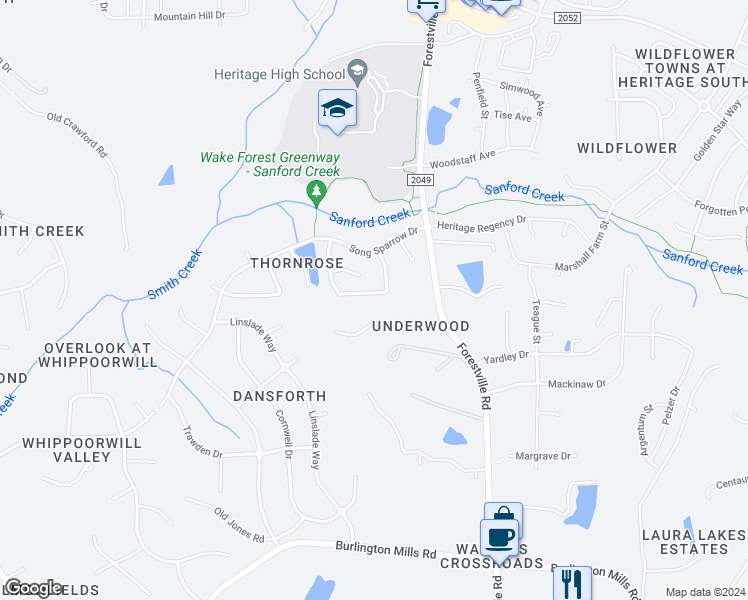map of restaurants, bars, coffee shops, grocery stores, and more near 1409 Lindenberg Square in Wake Forest