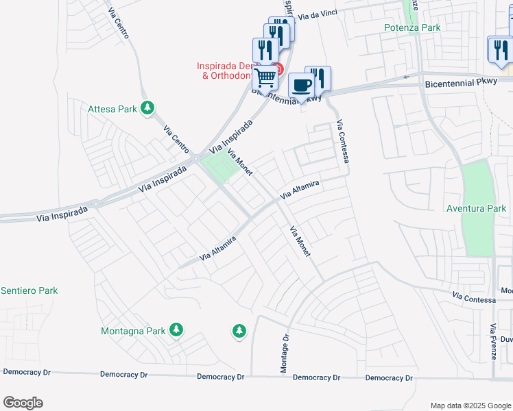 map of restaurants, bars, coffee shops, grocery stores, and more near 3358 Via Strada Street in Henderson