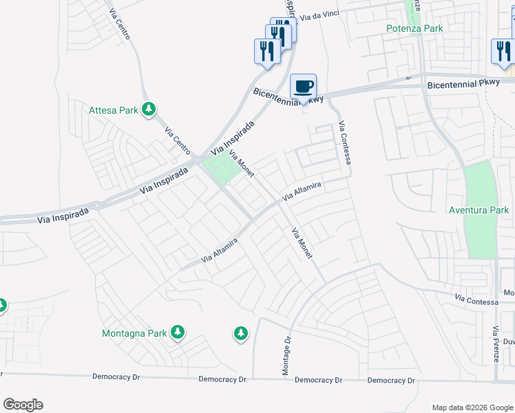 map of restaurants, bars, coffee shops, grocery stores, and more near 3358 Via Strada Street in Henderson