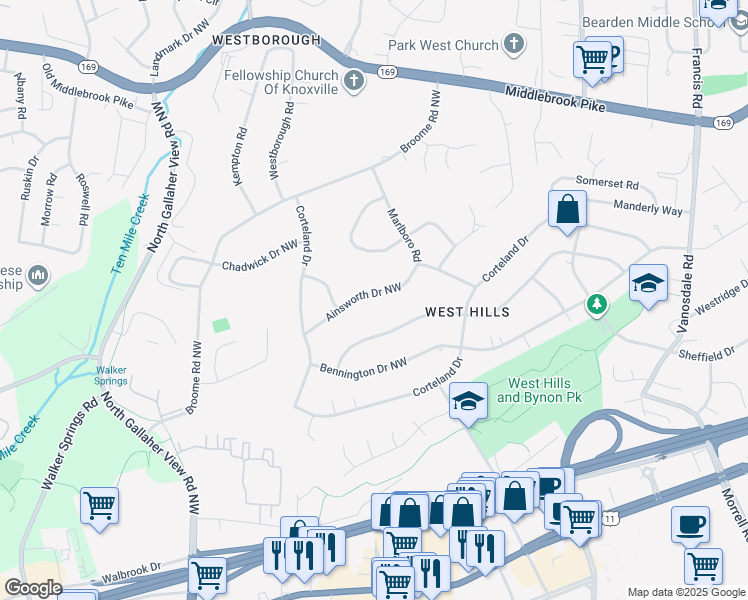 map of restaurants, bars, coffee shops, grocery stores, and more near 8201 Chesterfield Drive in Knoxville