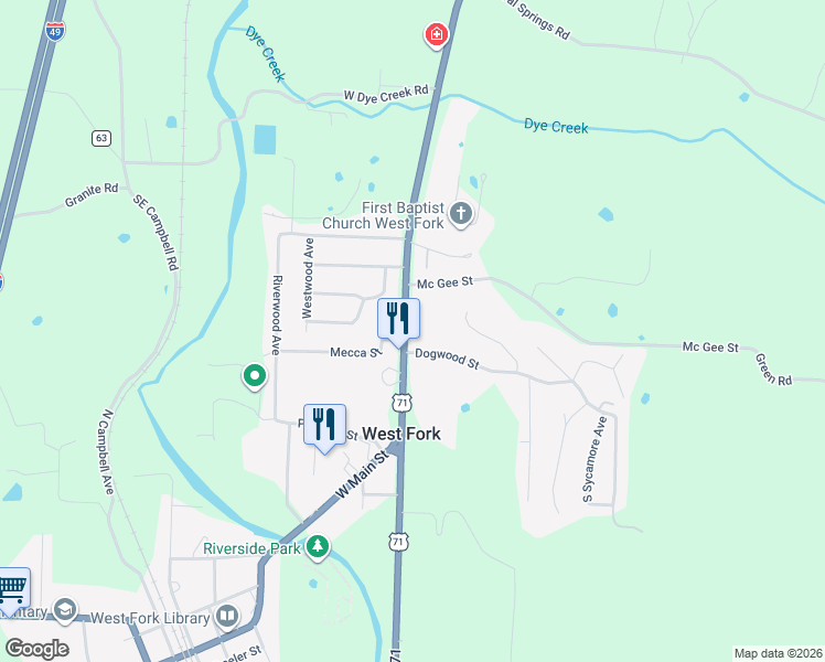 map of restaurants, bars, coffee shops, grocery stores, and more near 1-33 Dogwood Street in West Fork