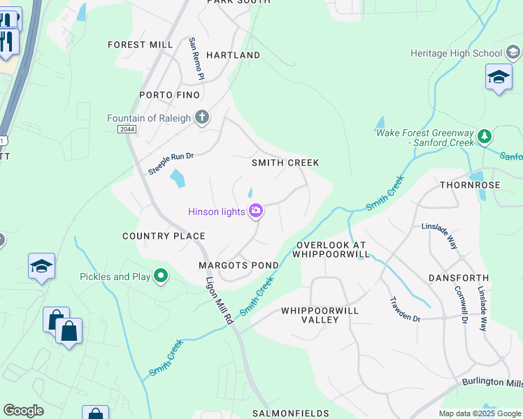 map of restaurants, bars, coffee shops, grocery stores, and more near 2924 Carriage Meadows Drive in Wake Forest