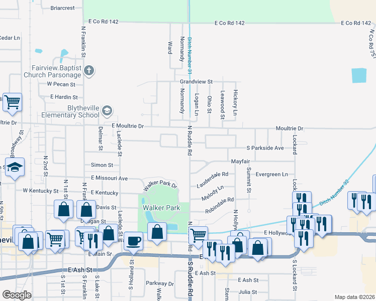 map of restaurants, bars, coffee shops, grocery stores, and more near 800 Biltmore Street in Blytheville