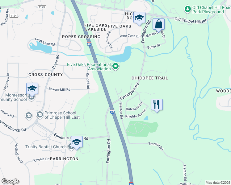 map of restaurants, bars, coffee shops, grocery stores, and more near 5101 Marcella Court in Durham