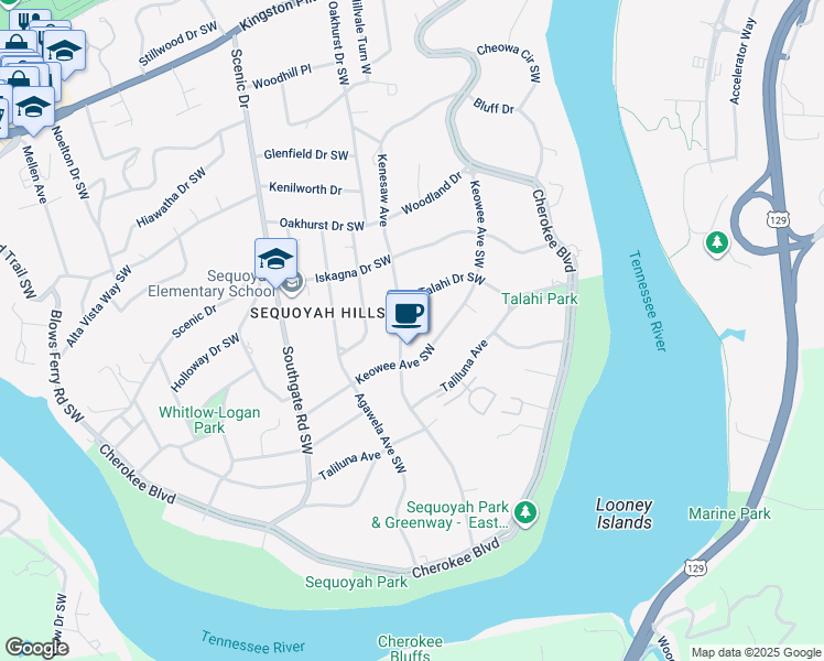 map of restaurants, bars, coffee shops, grocery stores, and more near 1180 Keowee Avenue Southwest in Knoxville