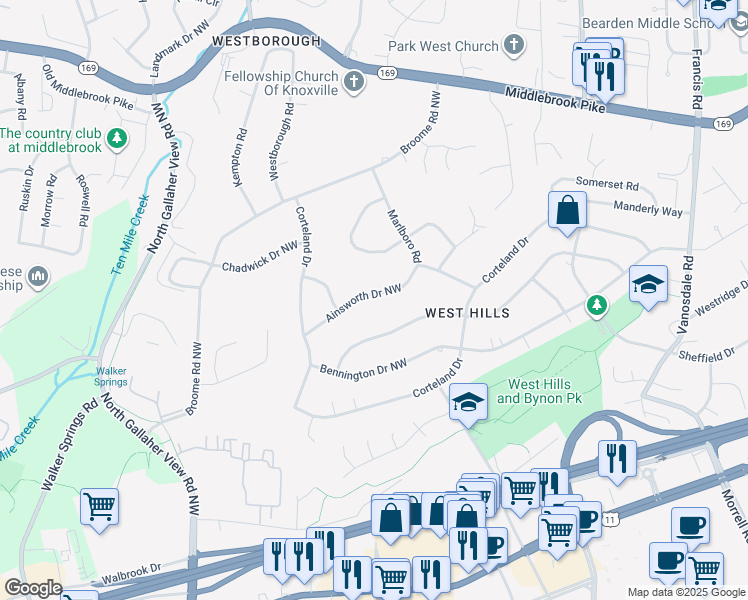 map of restaurants, bars, coffee shops, grocery stores, and more near 8201 Chesterfield Drive in Knoxville
