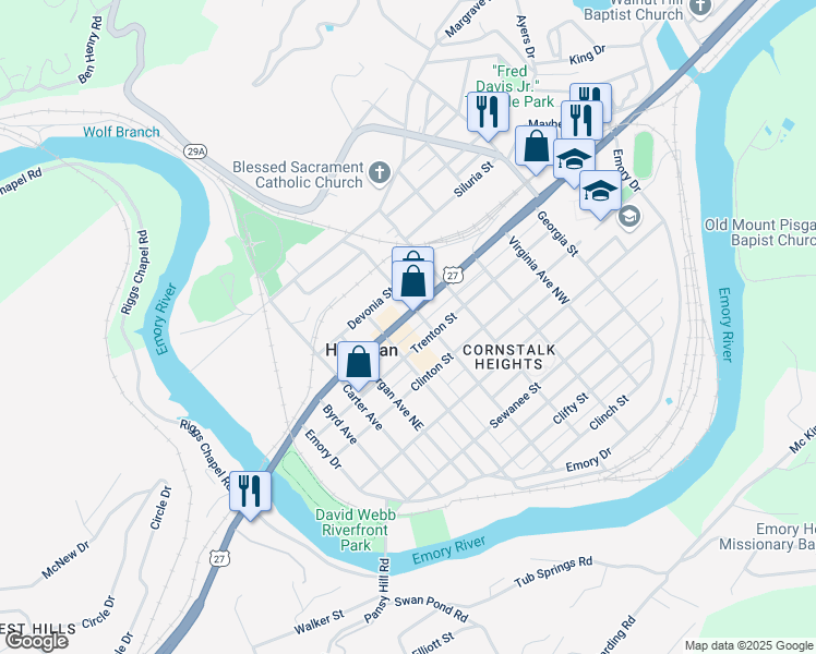 map of restaurants, bars, coffee shops, grocery stores, and more near 602 Walden Avenue in Harriman