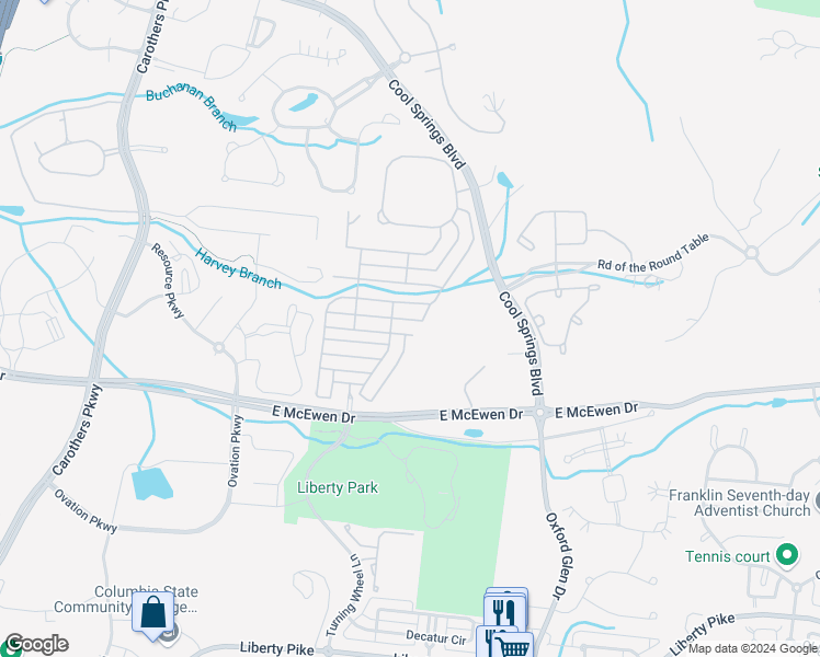 map of restaurants, bars, coffee shops, grocery stores, and more near 1144 French Town Lane in Franklin