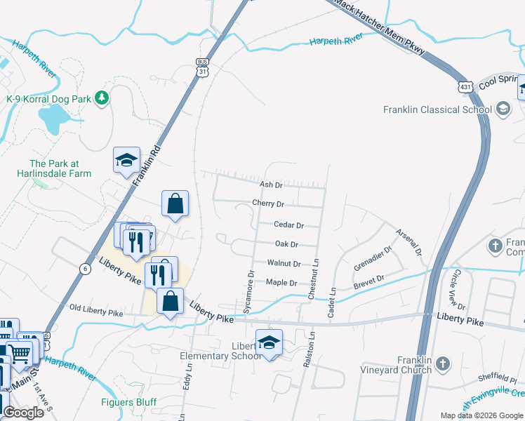 map of restaurants, bars, coffee shops, grocery stores, and more near 223 Cedar Drive in Franklin