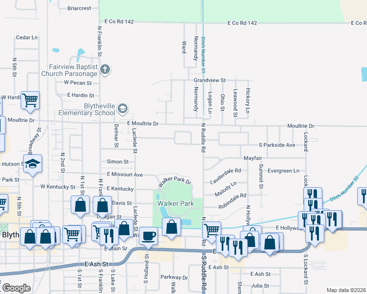 map of restaurants, bars, coffee shops, grocery stores, and more near 607 South Tennessee Street in Blytheville