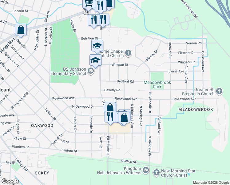 map of restaurants, bars, coffee shops, grocery stores, and more near 332 Mallory Street in Rocky Mount