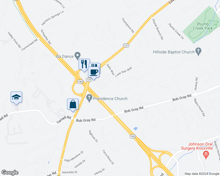 map of restaurants, bars, coffee shops, grocery stores, and more near 10659 Bitterroot Way in Knoxville