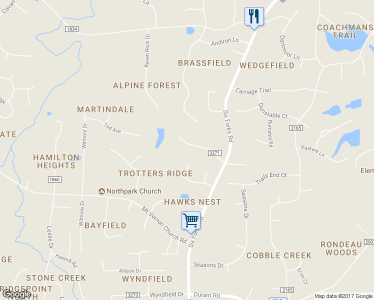 map of restaurants, bars, coffee shops, grocery stores, and more near 413 Martindale Drive in Raleigh