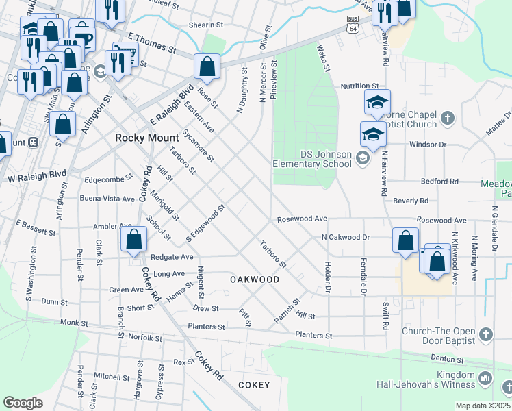 map of restaurants, bars, coffee shops, grocery stores, and more near Sycamore Street in Rocky Mount