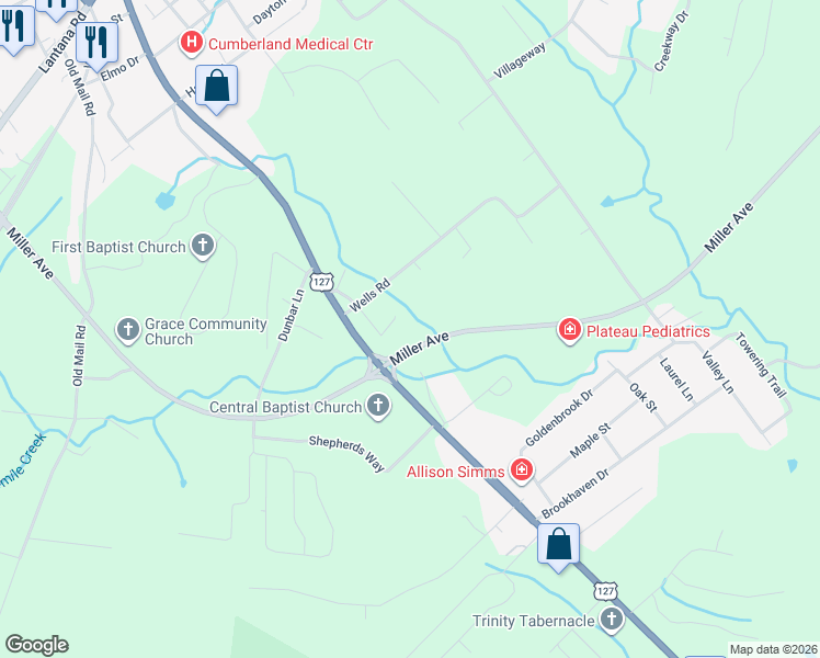 map of restaurants, bars, coffee shops, grocery stores, and more near 121 County Seat Road in Crossville