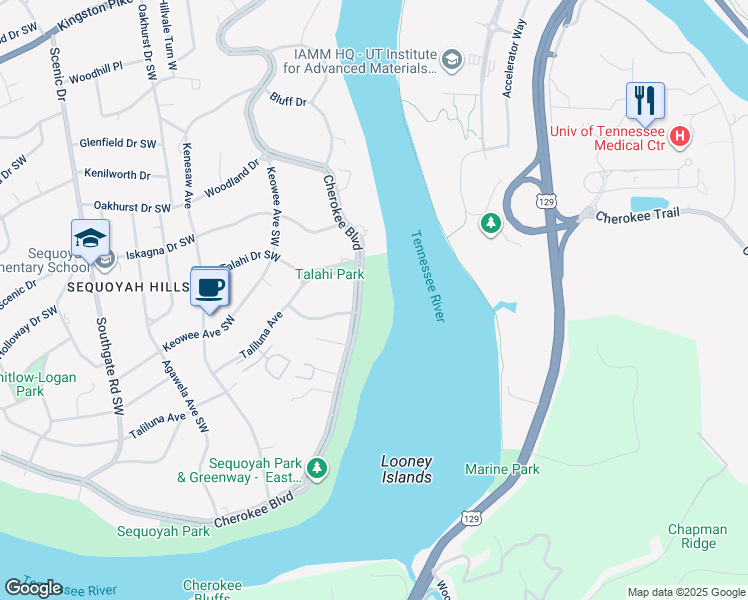 map of restaurants, bars, coffee shops, grocery stores, and more near 1214 Cherokee Boulevard in Knoxville