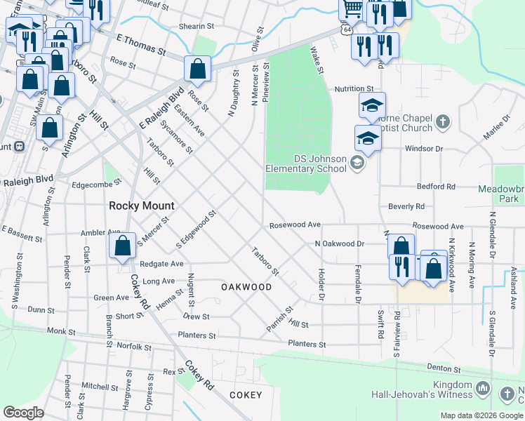 map of restaurants, bars, coffee shops, grocery stores, and more near in Rocky Mount