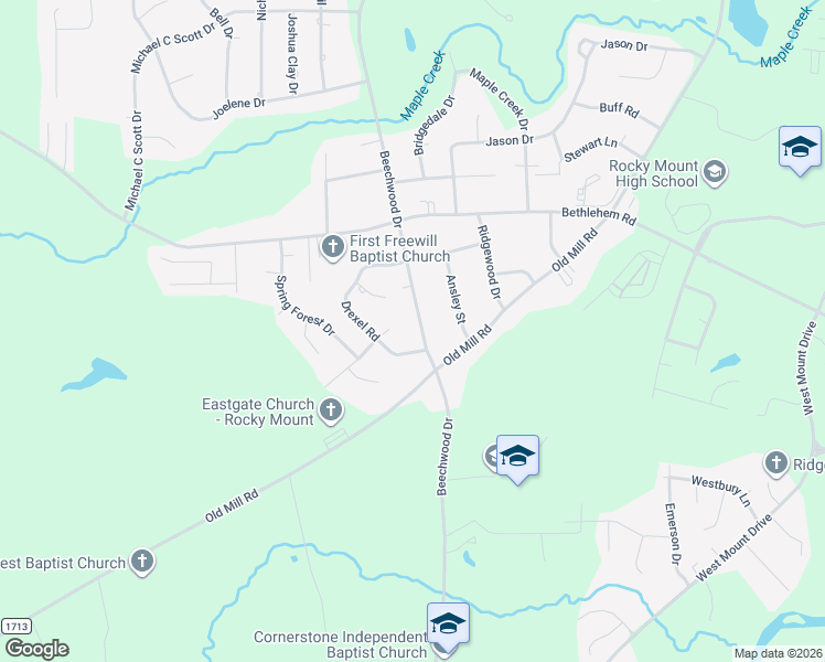map of restaurants, bars, coffee shops, grocery stores, and more near 1121 Beechwood Drive in Rocky Mount