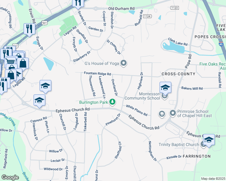 map of restaurants, bars, coffee shops, grocery stores, and more near 406 Overland Drive in Chapel Hill