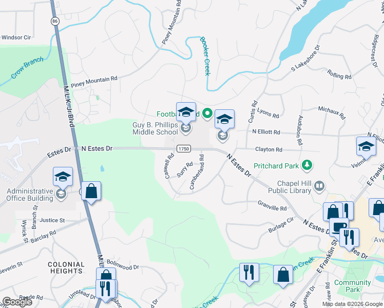 map of restaurants, bars, coffee shops, grocery stores, and more near 606 North Estes Drive in Chapel Hill