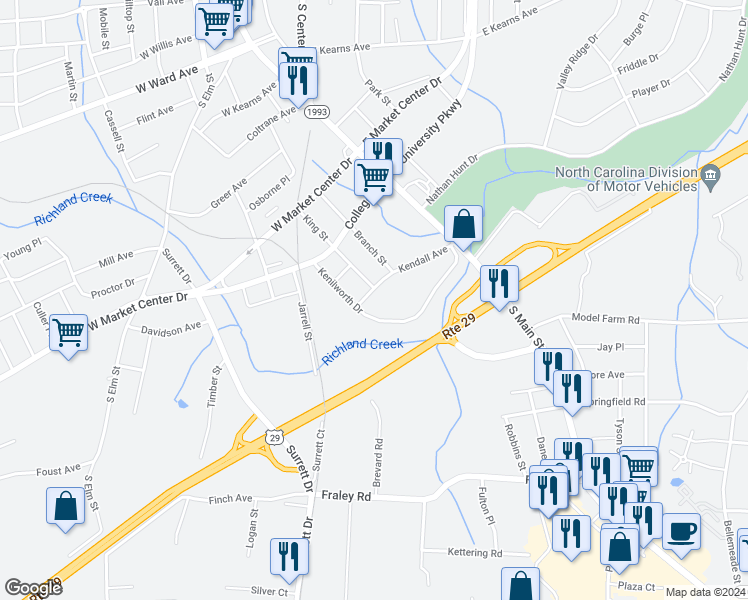 map of restaurants, bars, coffee shops, grocery stores, and more near 205 Kendall Avenue in High Point