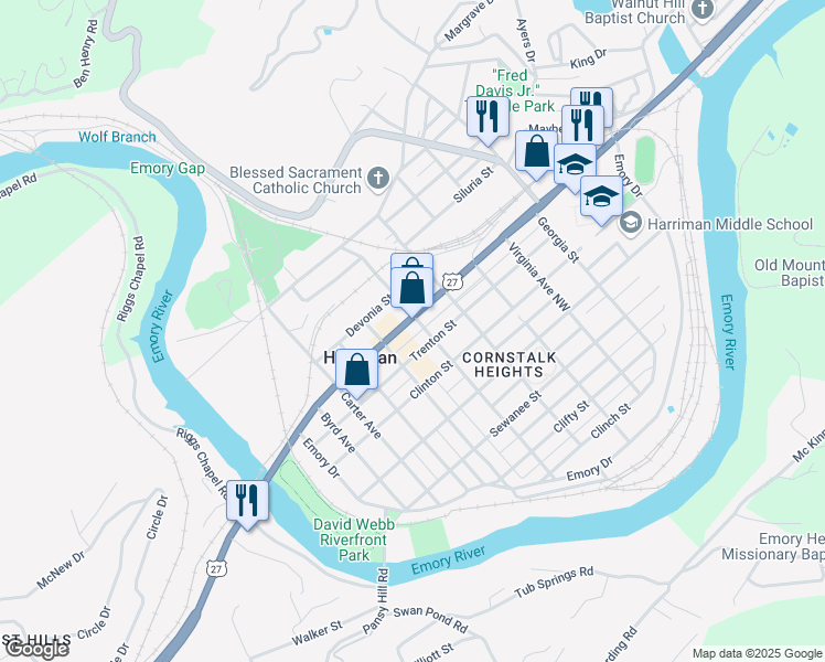 map of restaurants, bars, coffee shops, grocery stores, and more near 501 North Roane Street in Harriman