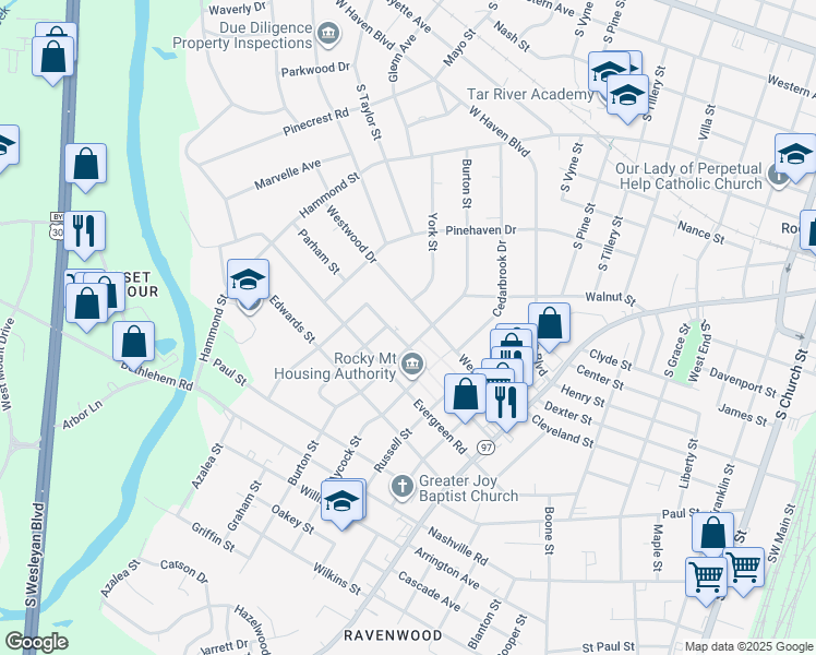 map of restaurants, bars, coffee shops, grocery stores, and more near 918 Westwood Drive in Rocky Mount