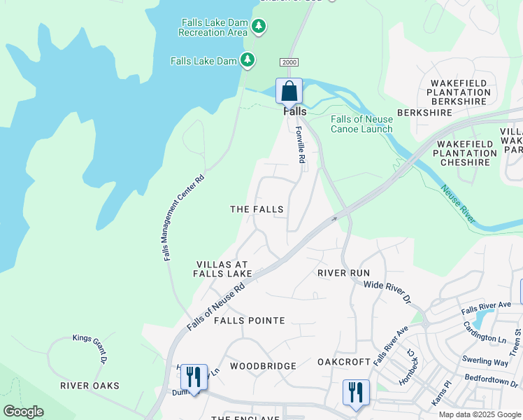 map of restaurants, bars, coffee shops, grocery stores, and more near 1405 Coolwinds Court in Wake Forest