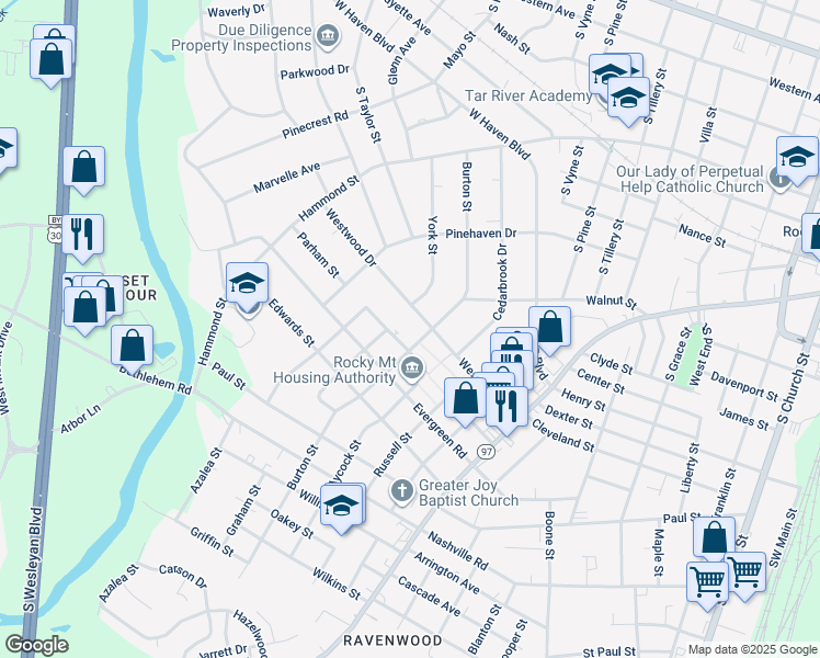 map of restaurants, bars, coffee shops, grocery stores, and more near 918 Westwood Drive in Rocky Mount