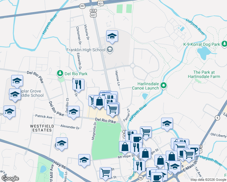 map of restaurants, bars, coffee shops, grocery stores, and more near 721 Harrow Lane in Franklin