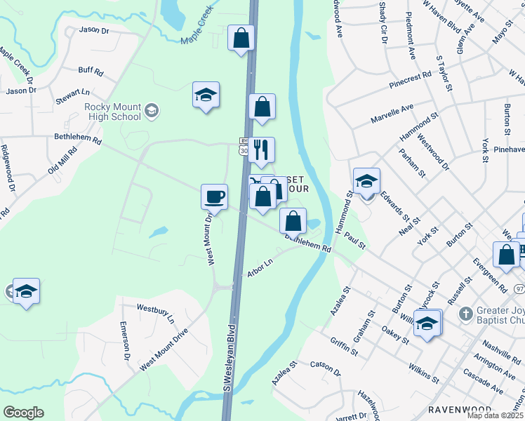 map of restaurants, bars, coffee shops, grocery stores, and more near 802 Harbour West Drive in Rocky Mount