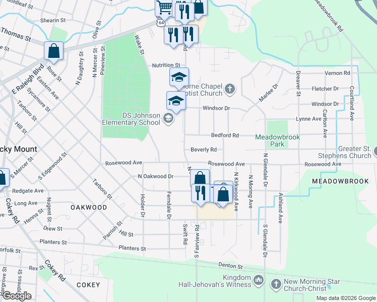 map of restaurants, bars, coffee shops, grocery stores, and more near 500 North Fairview Road in Rocky Mount