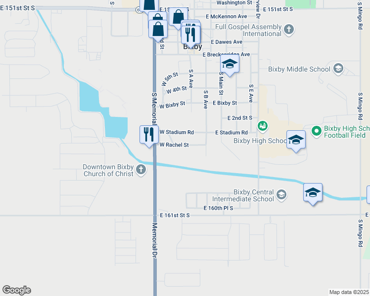 map of restaurants, bars, coffee shops, grocery stores, and more near 25 West Rachel Street in Bixby