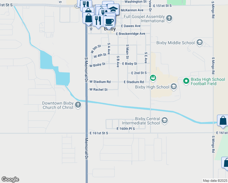 map of restaurants, bars, coffee shops, grocery stores, and more near 9 West Rachel Street in Bixby