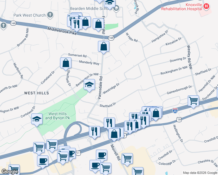map of restaurants, bars, coffee shops, grocery stores, and more near 7427 Westridge Drive in Knoxville